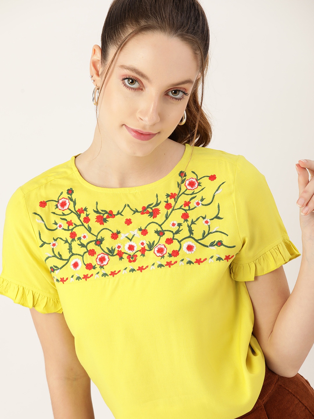 

DressBerry Yellow Floral Embroidered Regular Top