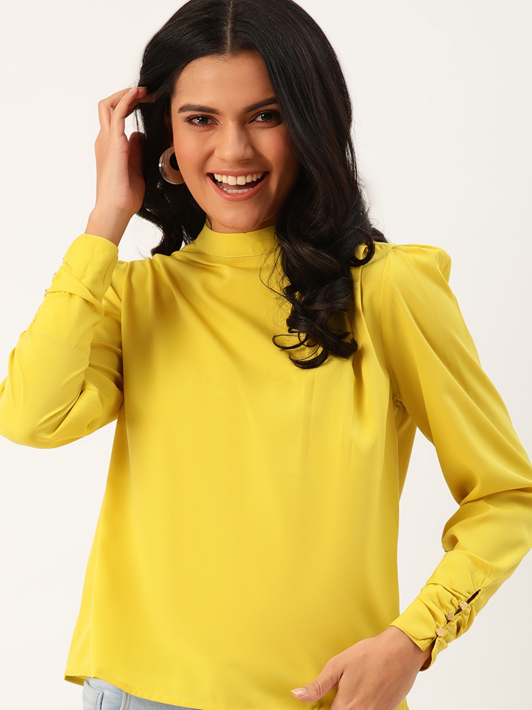 

DressBerry Yellow Solid Puff Sleeves Boxy Top