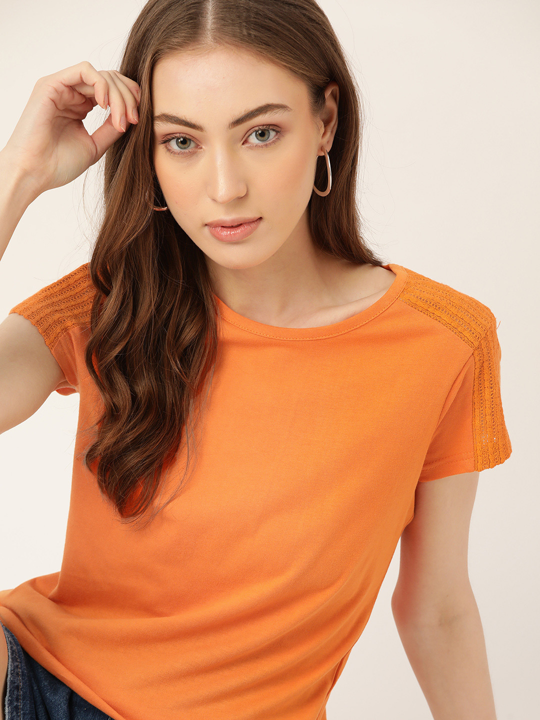 

DressBerry Women Peach-Coloured Solid Pure Cotton T-shirt