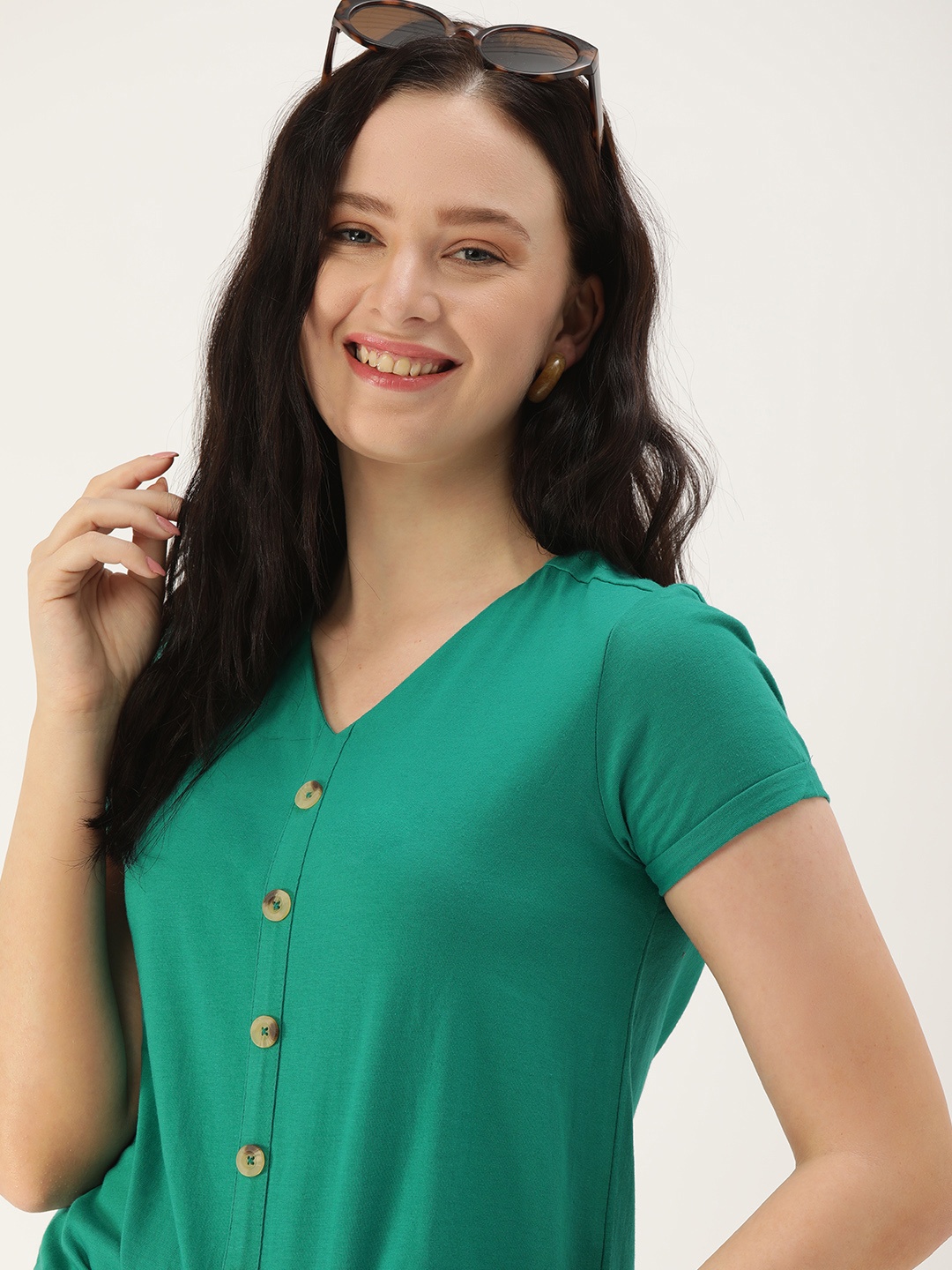 

DressBerry Teal Green Solid Pure Cotton Regular Top