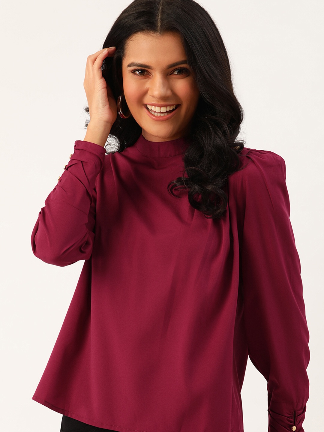 

DressBerry Maroon Solid Puff Sleeves Boxy Top