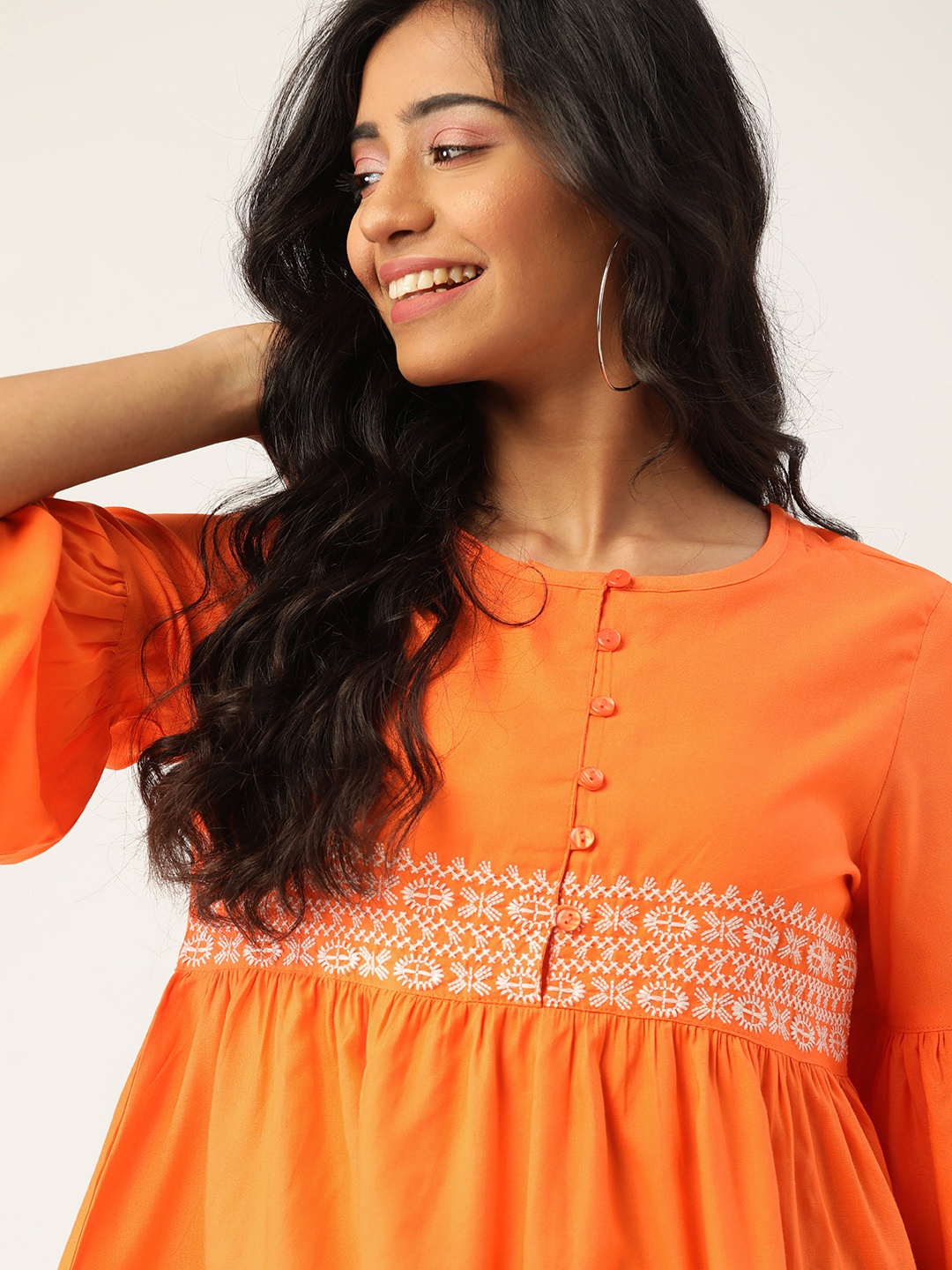 

DressBerry Orange & White EcoVero Bell Sleeve A-Line Top