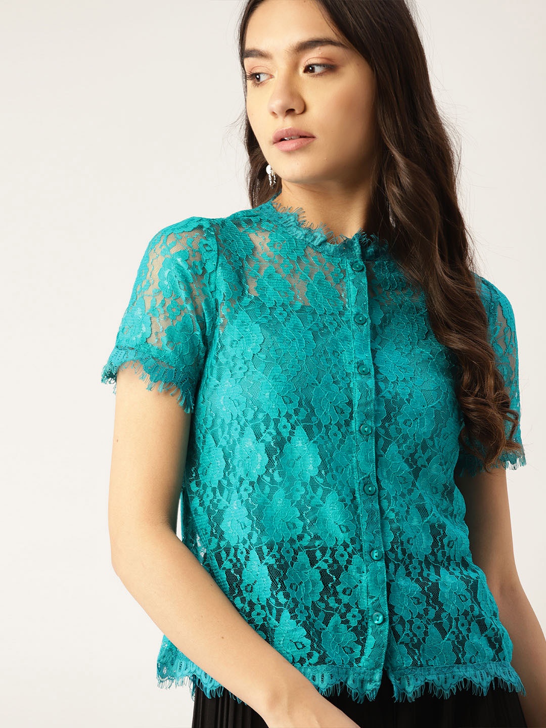 

DressBerry Teal Blue Lace Shirt Style Top with Inner