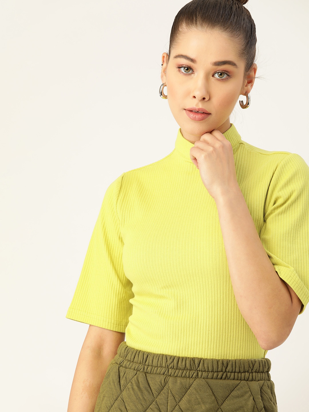 

DressBerry Women Yellow Ribbed High Neck Top