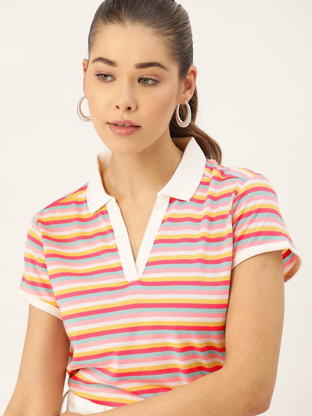 

DressBerry Women White & Pink Striped Polo Collar Pure Cotton T-shirt