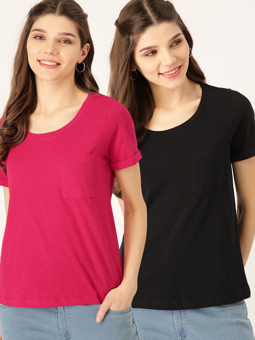 

DressBerry Women Pack of 2 Solid Round Neck Pure Cotton T-shirts, Magenta