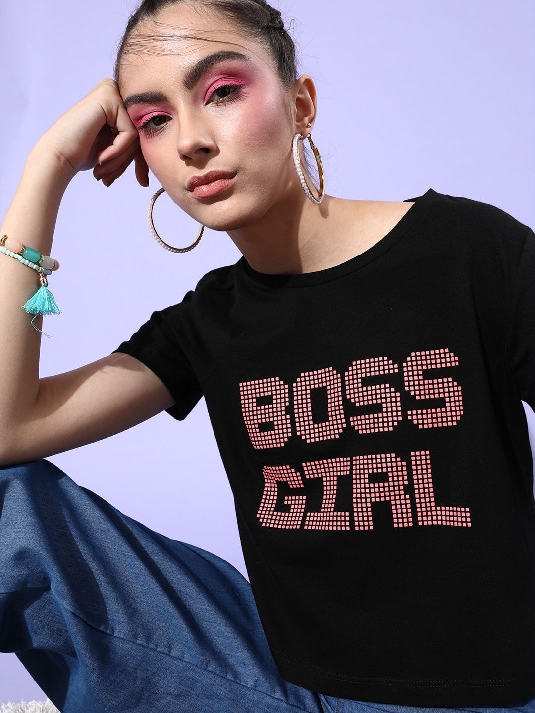 

DressBerry Women Black & Pink Boxy Fit Pure Cotton Printed Round Neck T-shirt