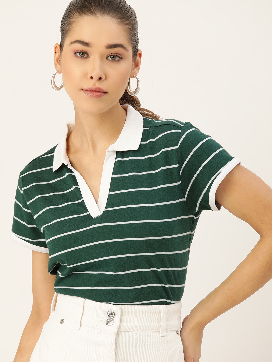 

DressBerry Women Green & White Striped Polo Collar Pure Cotton T-shirt