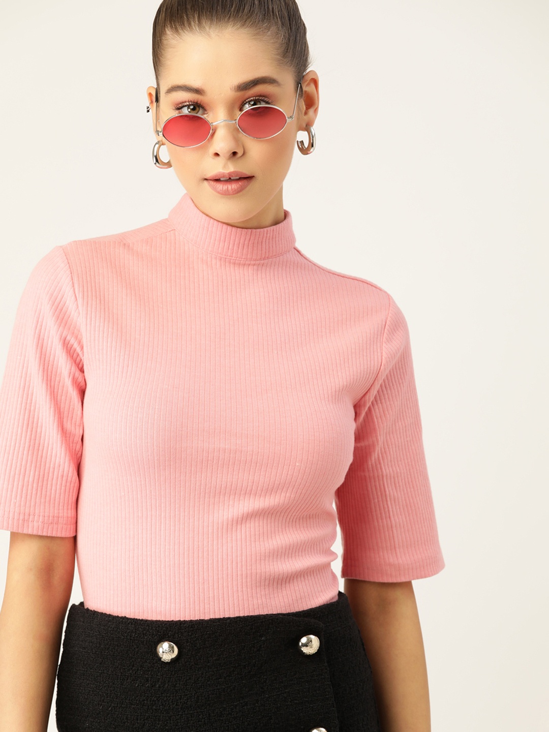 

DressBerry Pink Ribbed High Neck Top