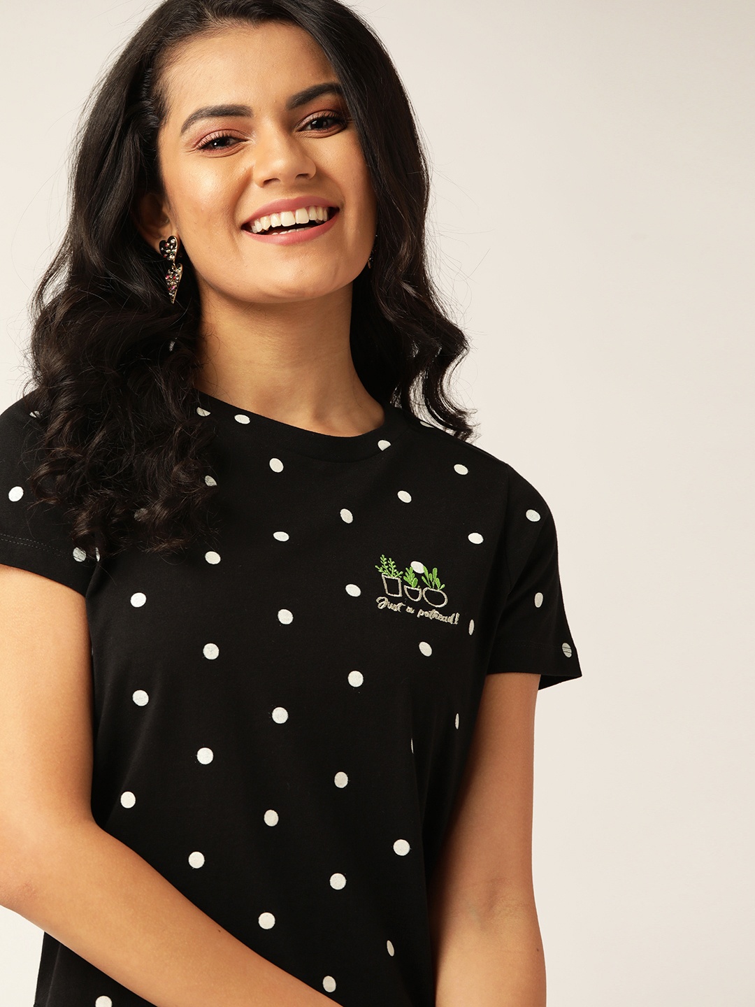 

DressBerry Women Black White Polka Dot Print Pure Cotton T-shirt