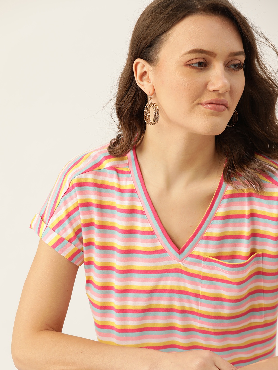 

DressBerry Women Pink Yellow Striped Pure Cotton T-shirt
