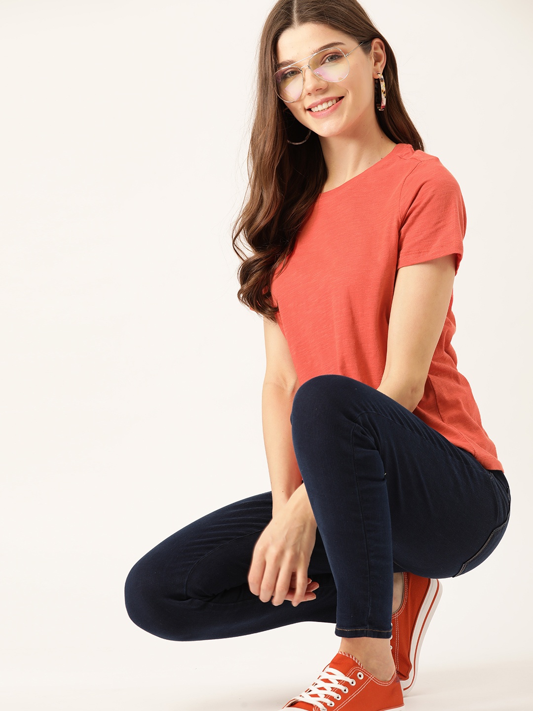 

DressBerry Women Coral Orange Solid Pure Cotton Round Neck T-shirt