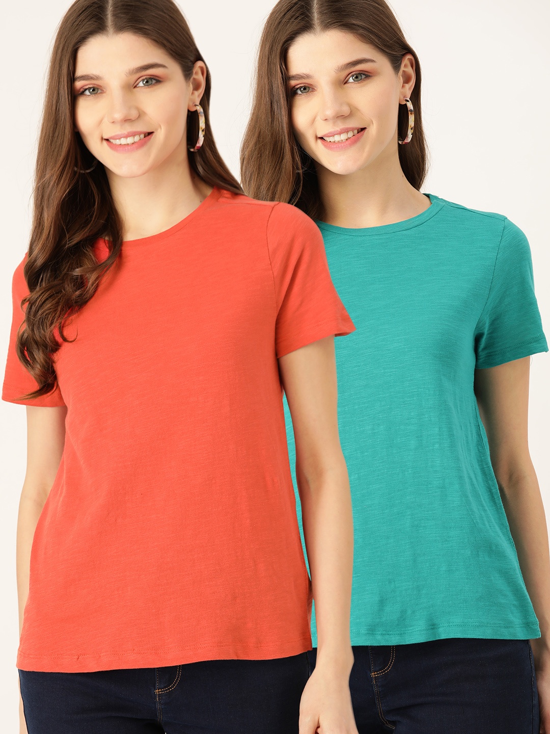 

DressBerry Women Pack of 2 Solid Pure Cotton T-shirts, Teal