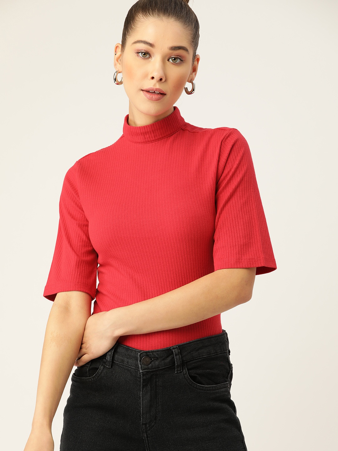 

DressBerry Red Ribbed High Neck Top