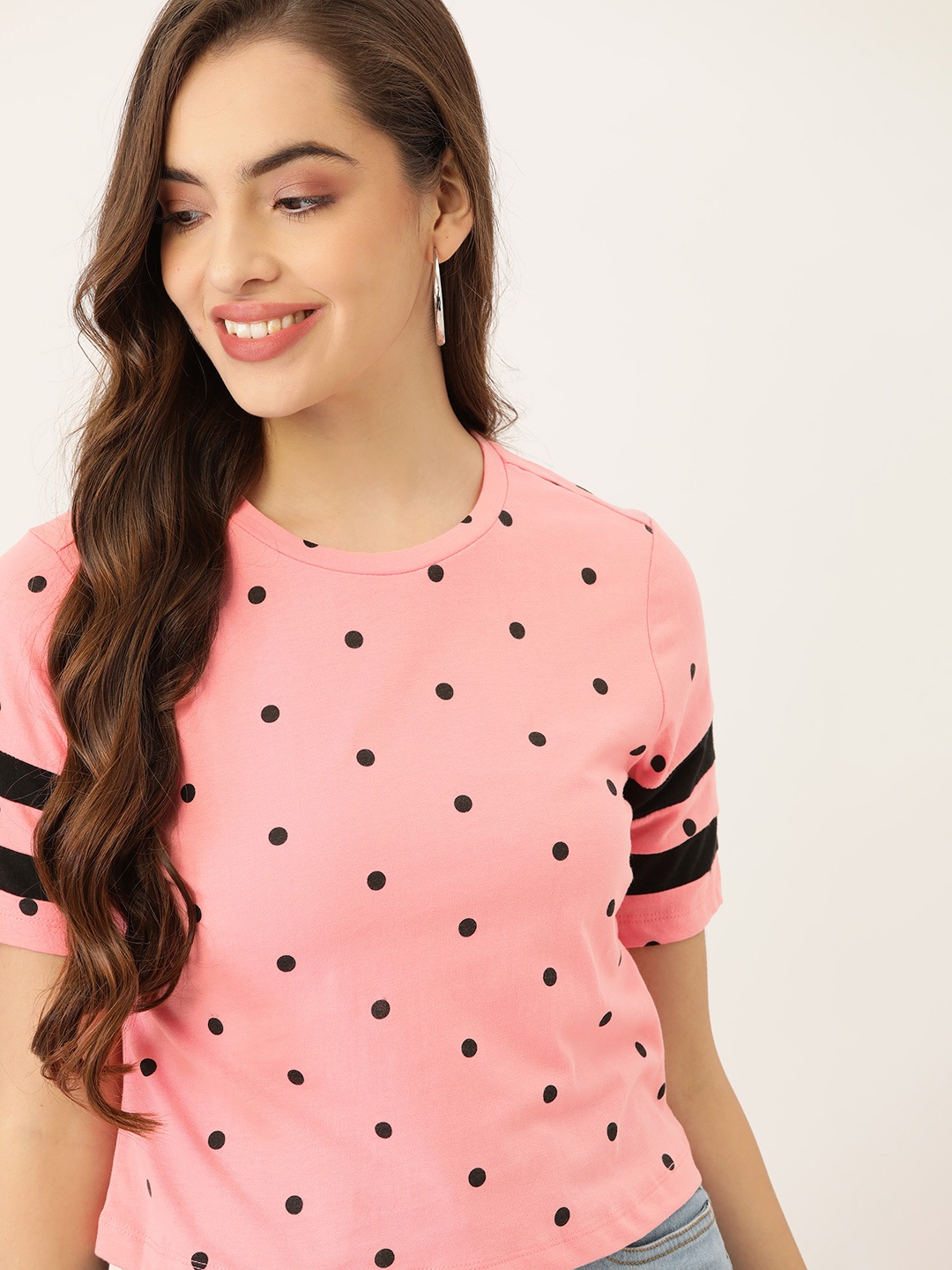 

DressBerry Women Pink & Black Polka Dots Print Cotton T-shirt