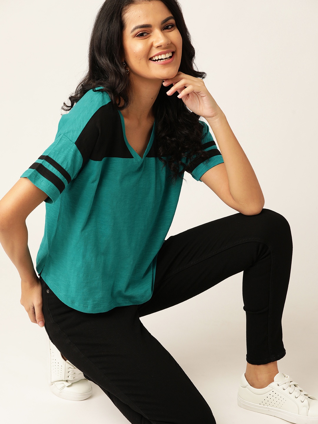 DressBerry Women Teal & Black V-Neck Pure Cotton Drop-Shoulder Sleeves Colourblock T-shirt