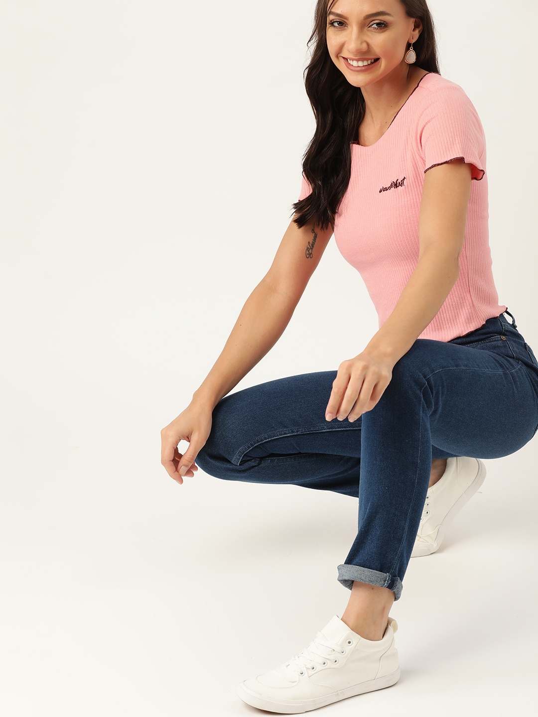 

DressBerry Women Pink Solid Ribbed Regular Top