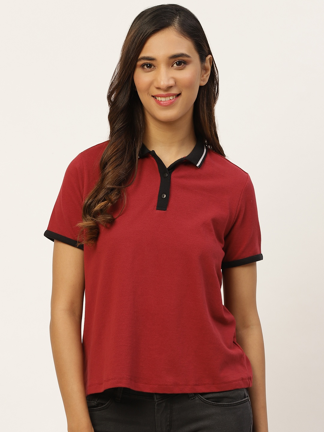 

DressBerry Women Maroon Solid Pure Cotton Polo Collar T-shirt