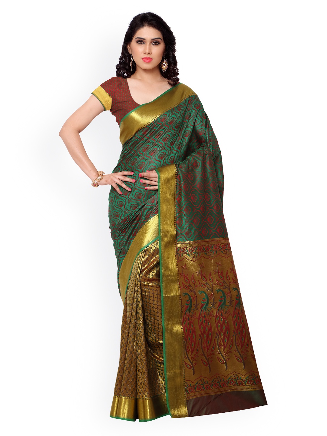 

Varkala Silk Sarees Green & Gold-Toned Jacquard & Kanjeevaram Silk Traditional Saree