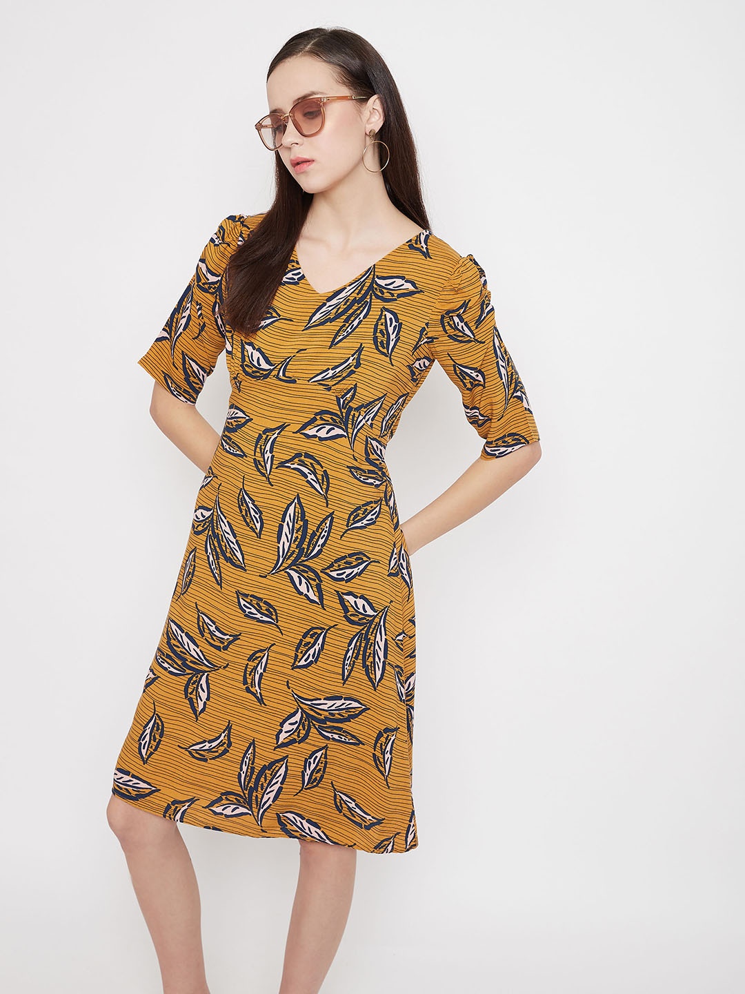 

Crimsoune Club Women Yellow Printed A-Line Dress