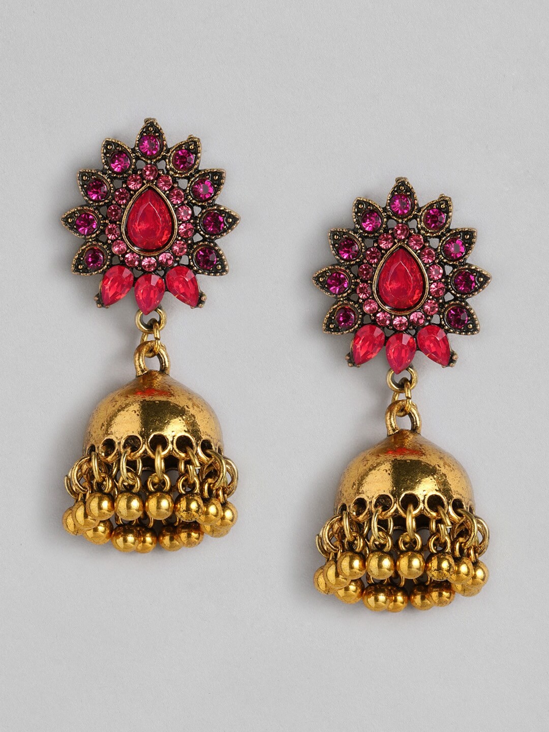 

Anouk Antique Gold-Plated Red Studded Dome Shaped Jhumkas