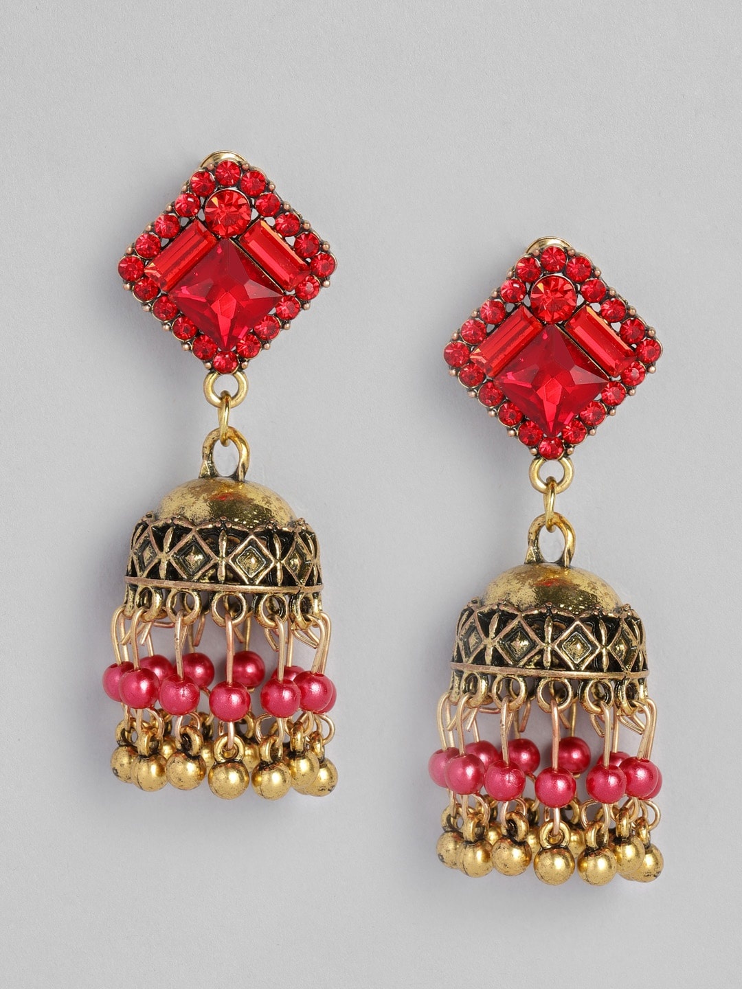 

Anouk Antique Gold-Plated & Red Dome Shaped Jhumkas