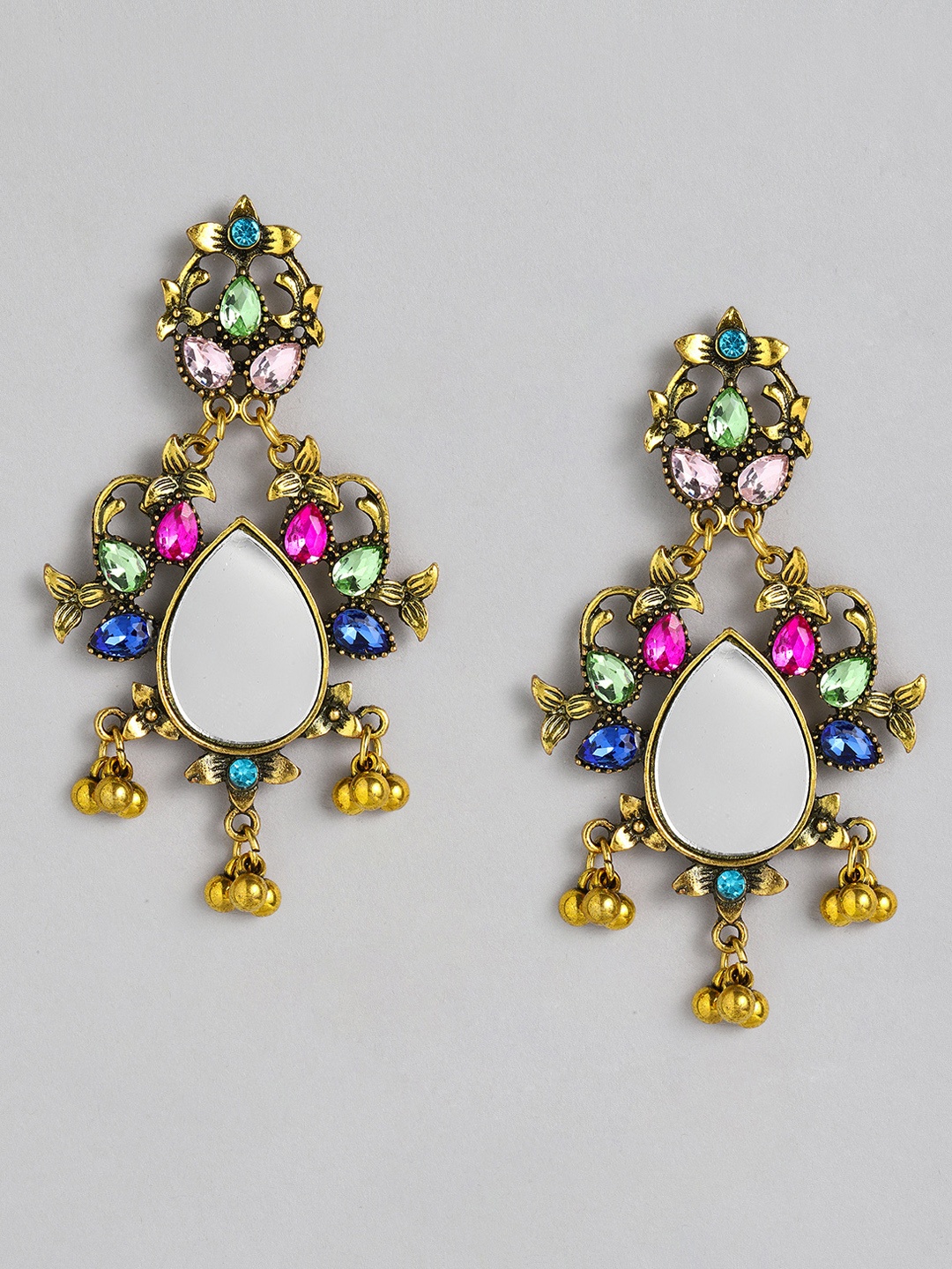 

Anouk Multicoloured Gold-Plated Studded Mirror Teardrop Shaped Drop Earrings