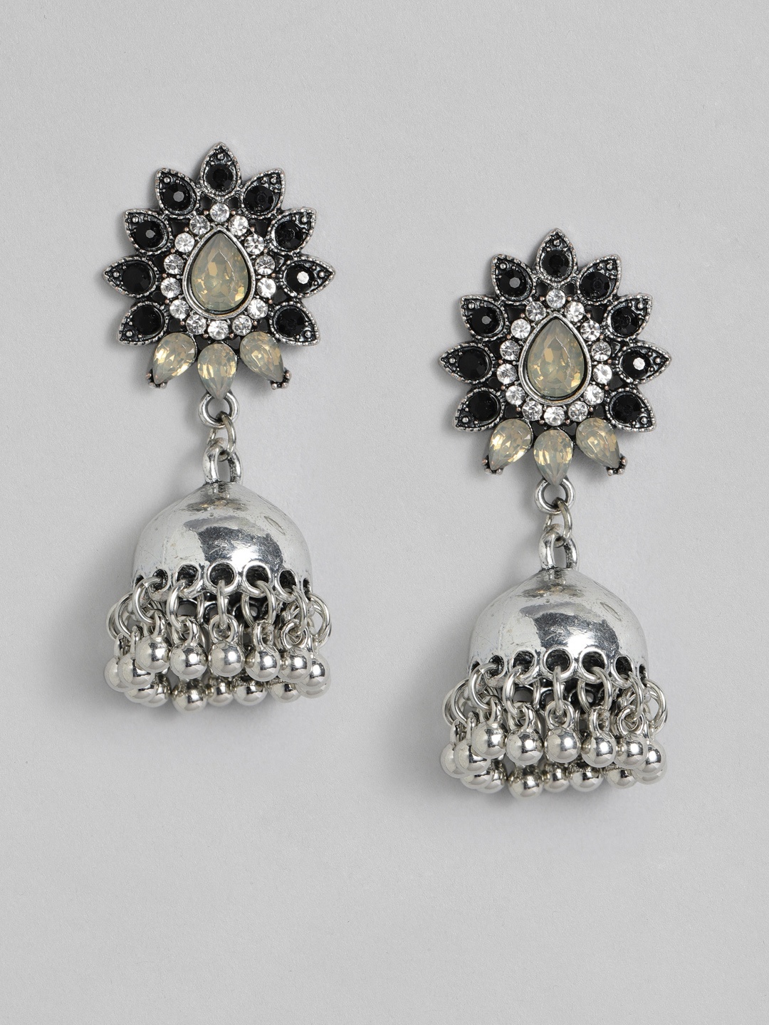 

Anouk Silver-Plated Black Studded Dome Shaped Jhumka Earrings