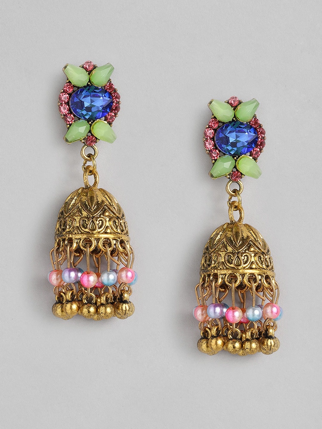 

Anouk Multicoloured Antique Gold-Plated Studded Dome Shaped Jhumkas