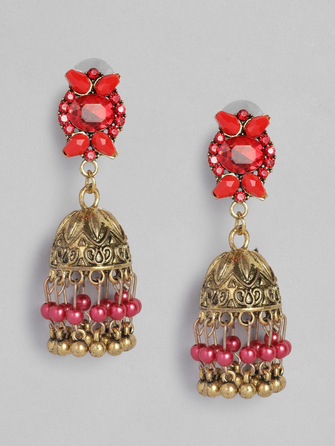 

Anouk Antique Gold-Plated & Red Dome Shaped Jhumkas