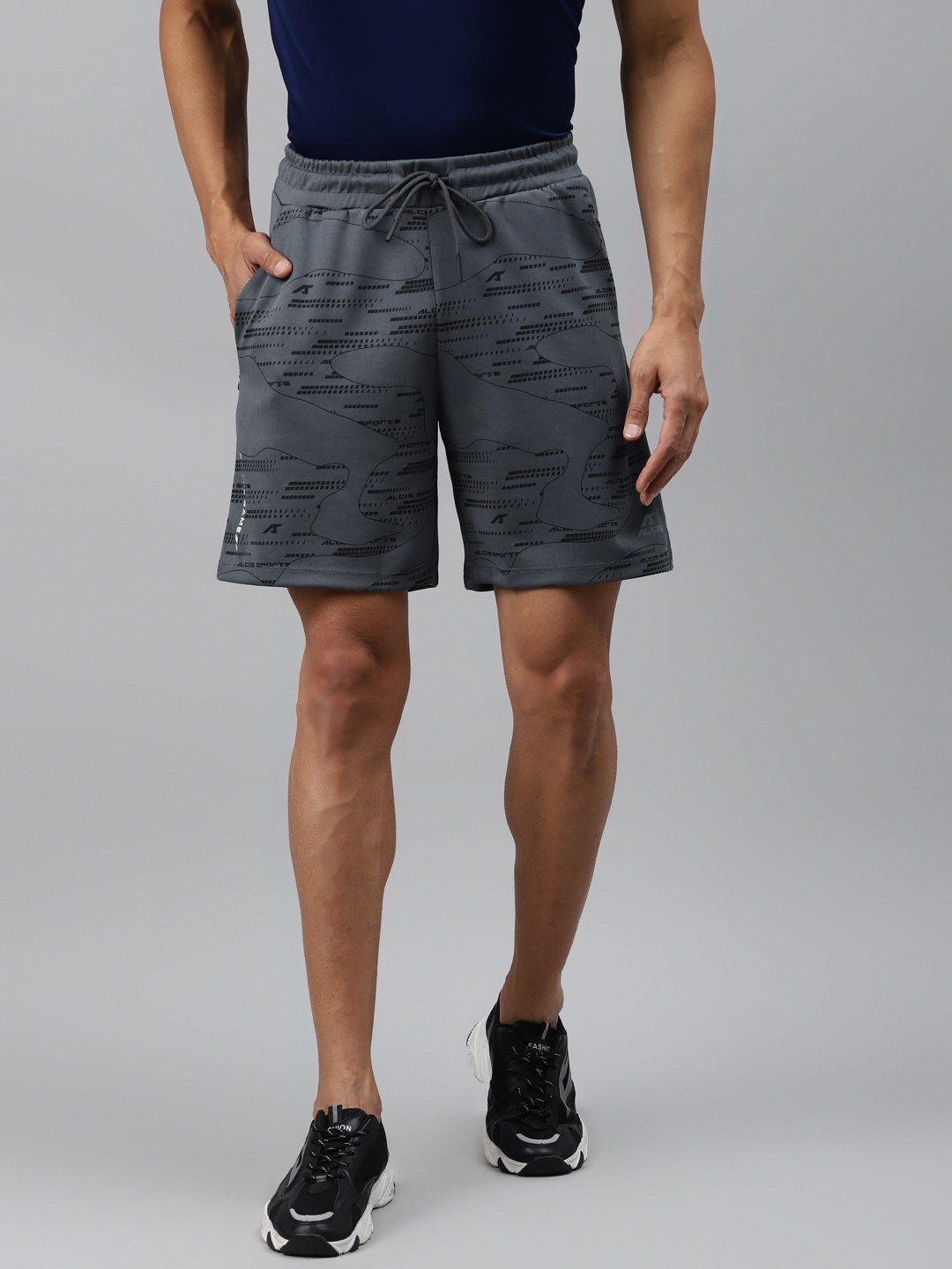 

Alcis Men Grey & Black Geometric Printed Slim Fit Sports Shorts