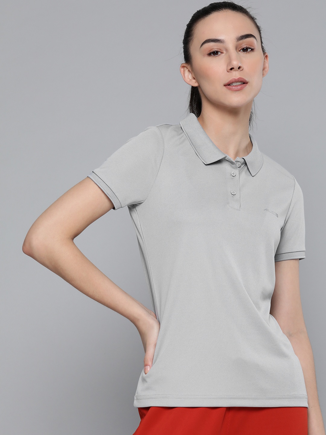 

Alcis Women Grey Solid Polo Collar T-shirt