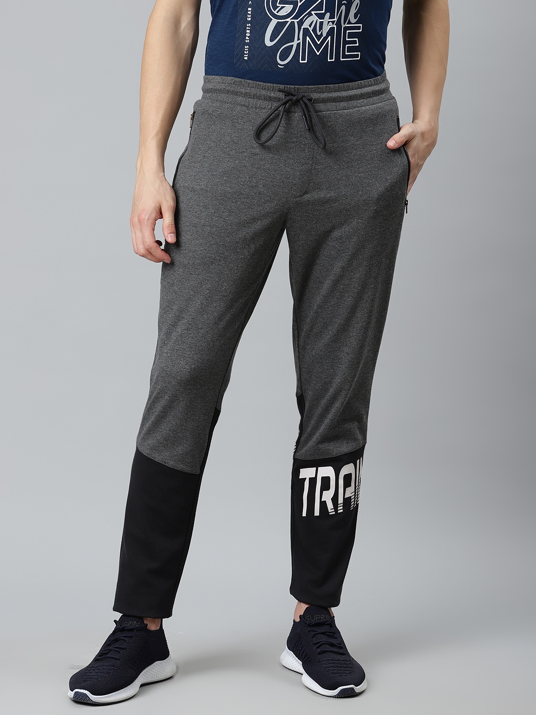 

Alcis Men Charcoal Grey & Black Slim Fit Colourblocked Track Pants