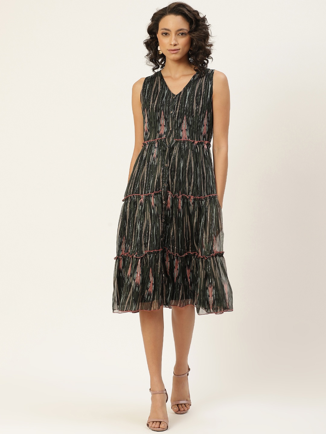 

Antheaa Women Green & Black Printed Tired A-Line Dress