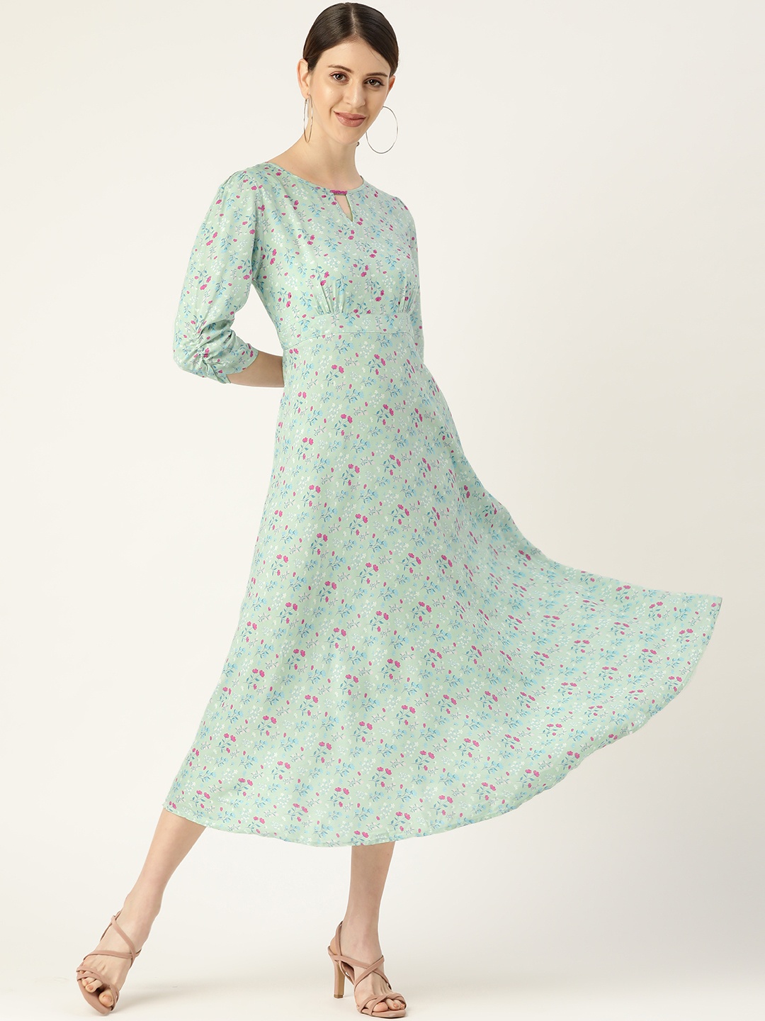 

Antheaa Women Green & Pink Floral Print Fit & Flare Dress