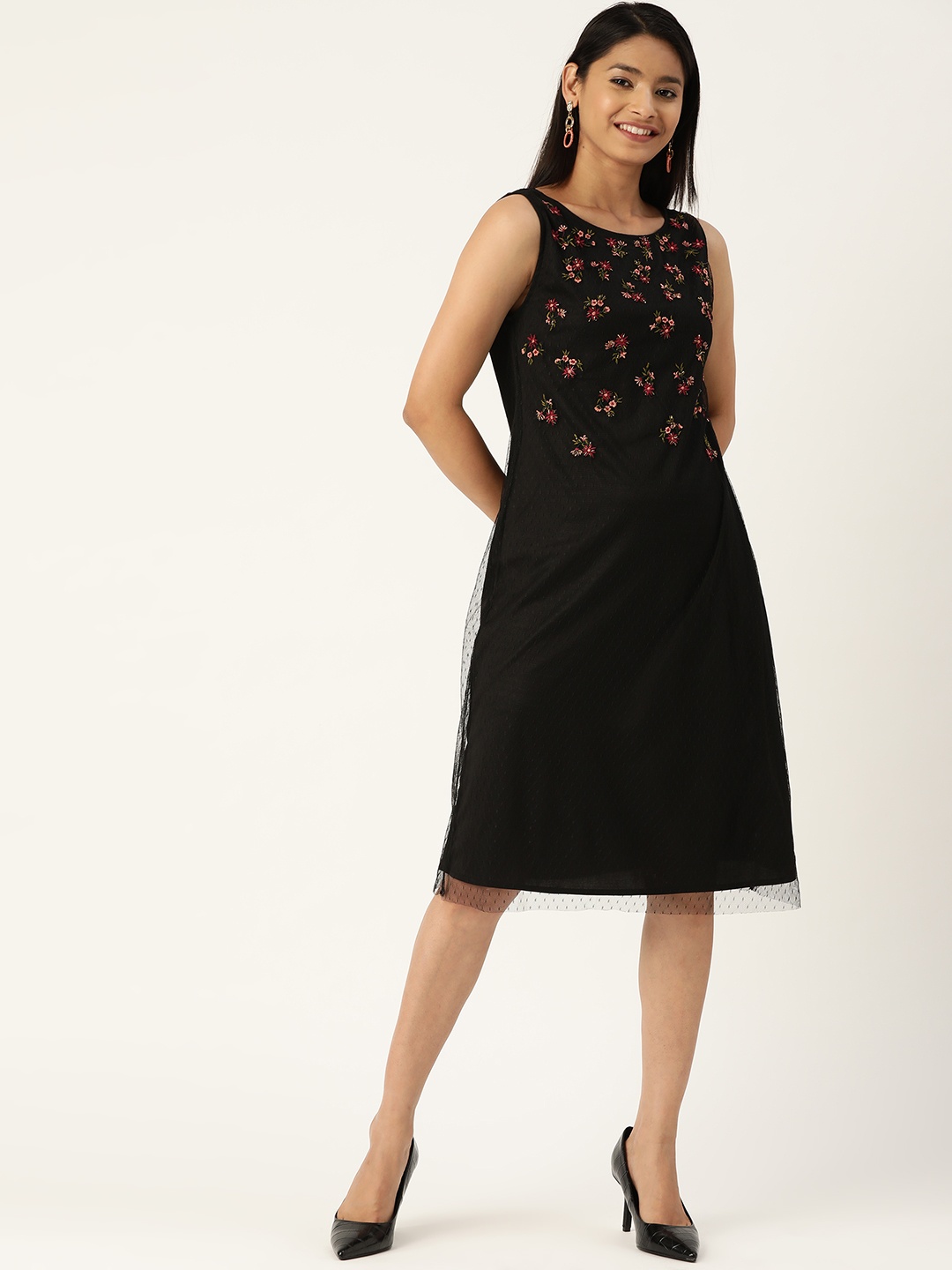 

Antheaa Women Black Floral Embroidered Net Sheath Dress