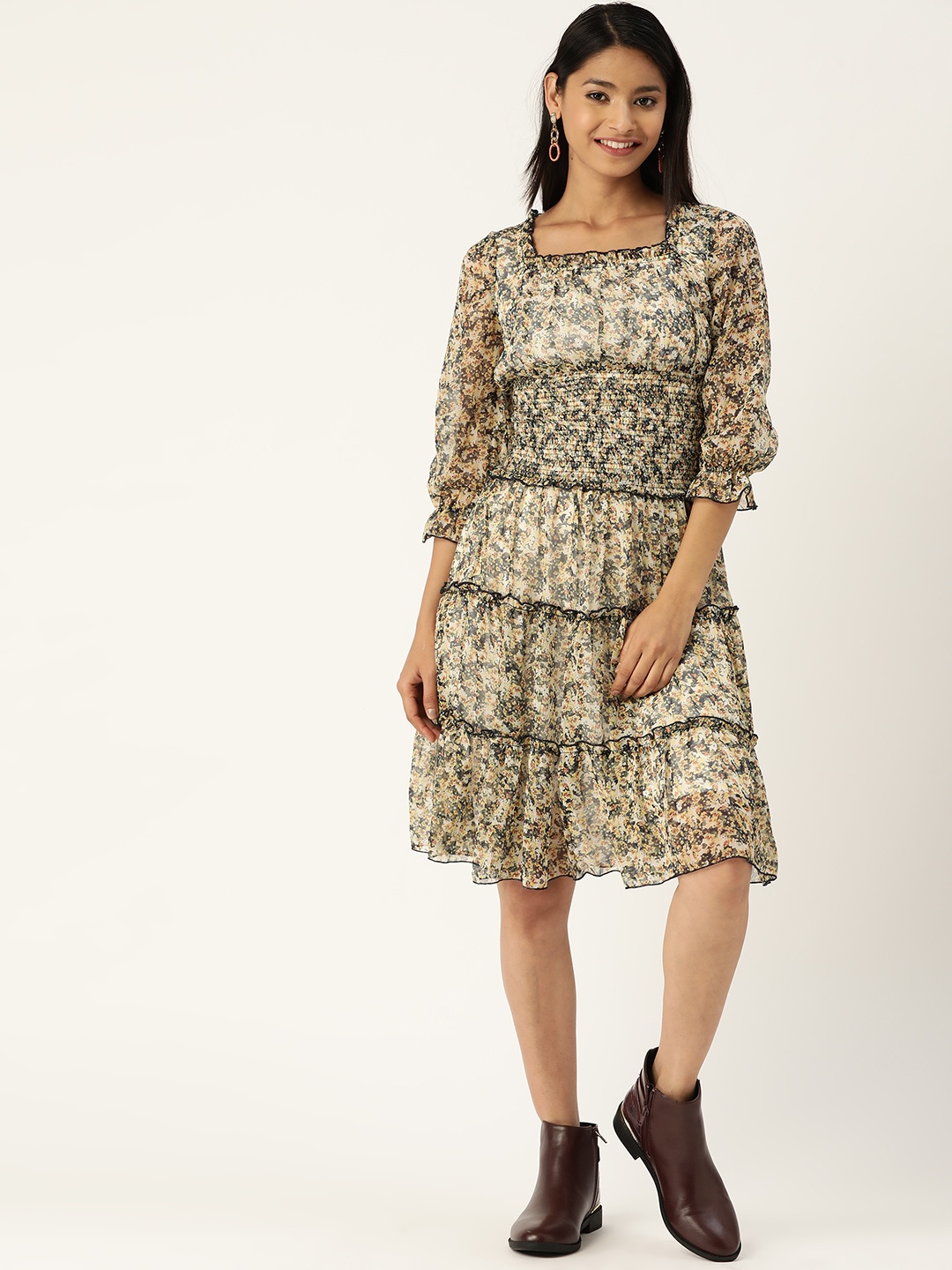 

Antheaa Women Yellow & Black Floral Printed A-Line Tiered Dress With Smocked Detail