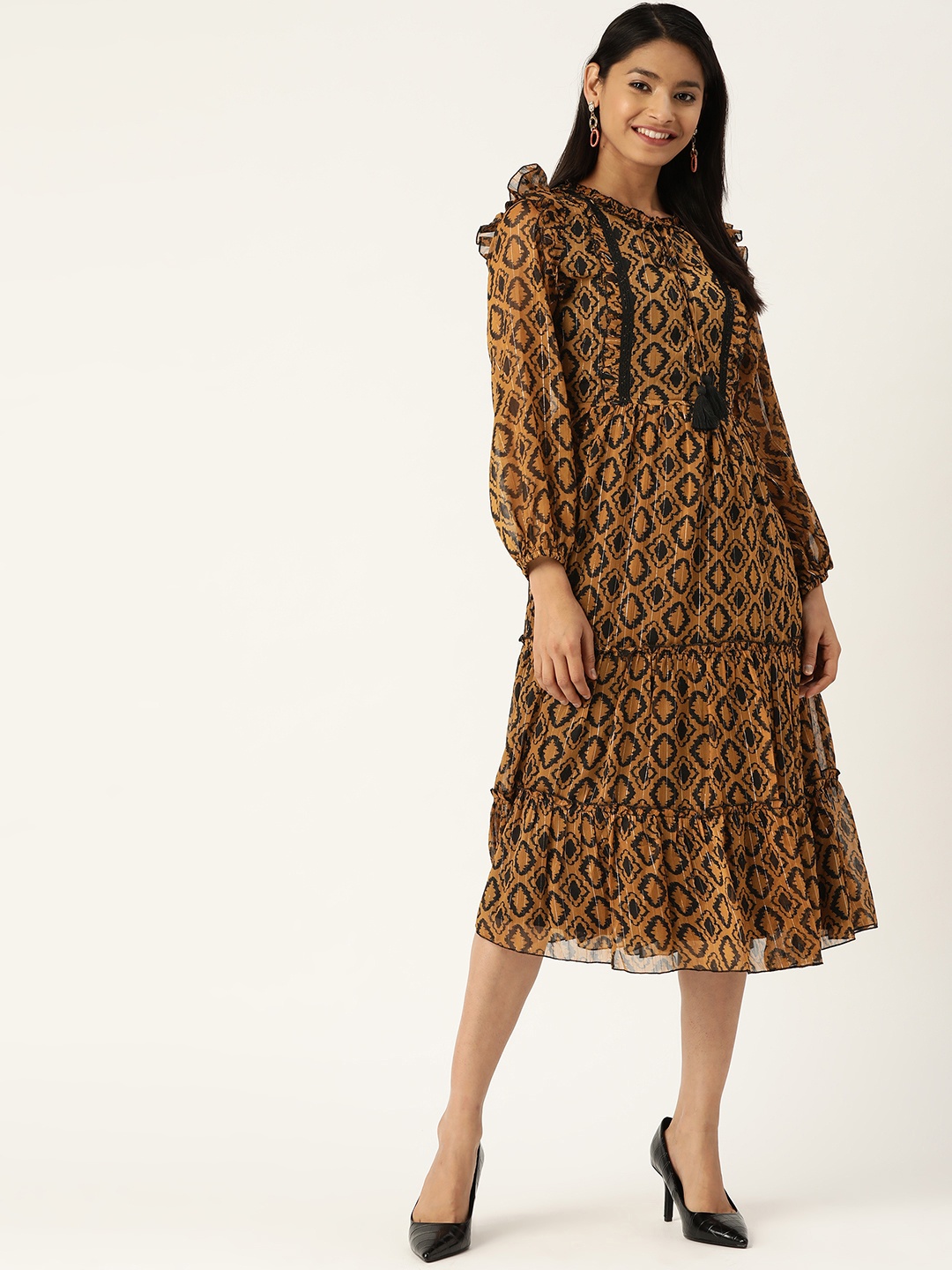 

Antheaa Women Mustard Brown & Black Printed Fit and Flare Tiered Dress With Tie-Up Neck