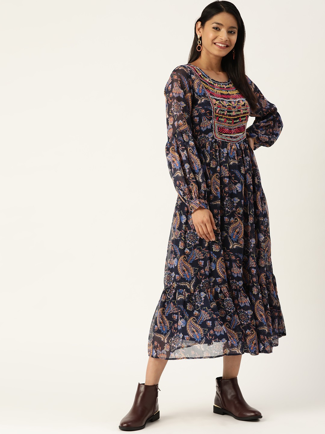 

Antheaa Women Navy Blue & Yellow Ethnic Printed A-Line Dress With Embroidered Detail