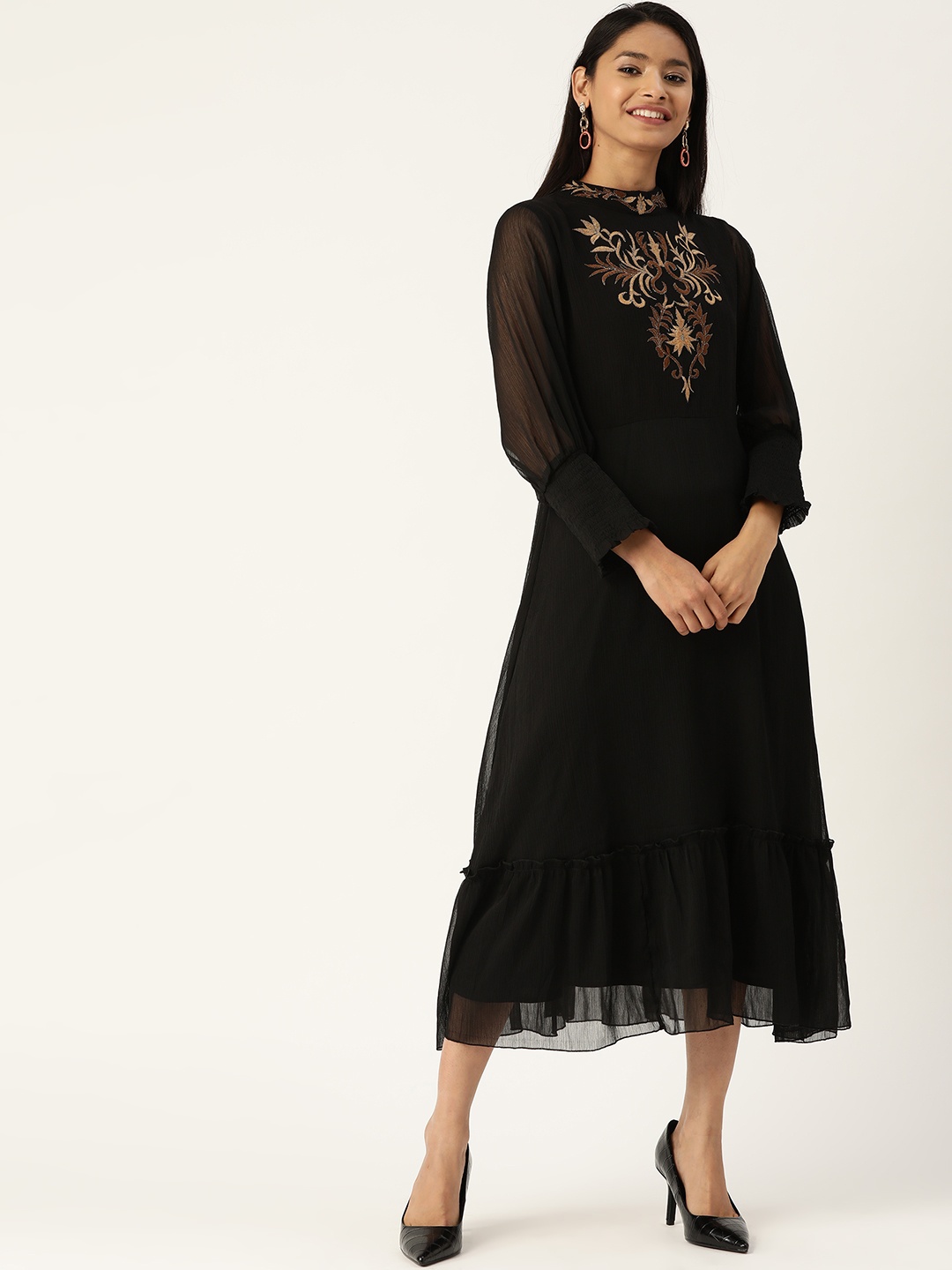 

Antheaa Women Black Embroidered A-Line Dress With Smocked Sleeves
