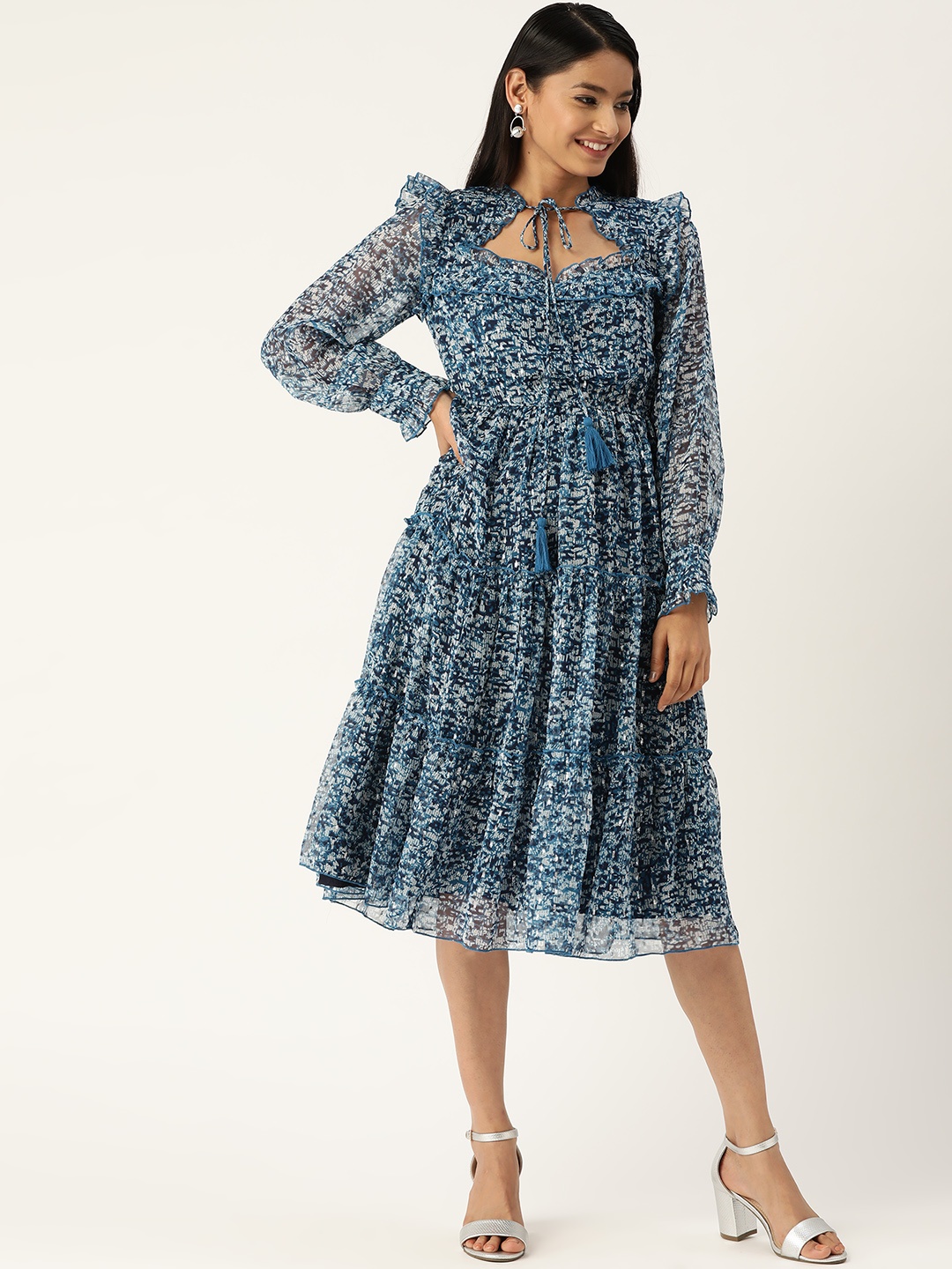 

Antheaa Women Blue & White Printed A-Line Tiered Dress With Tie-Up Neck