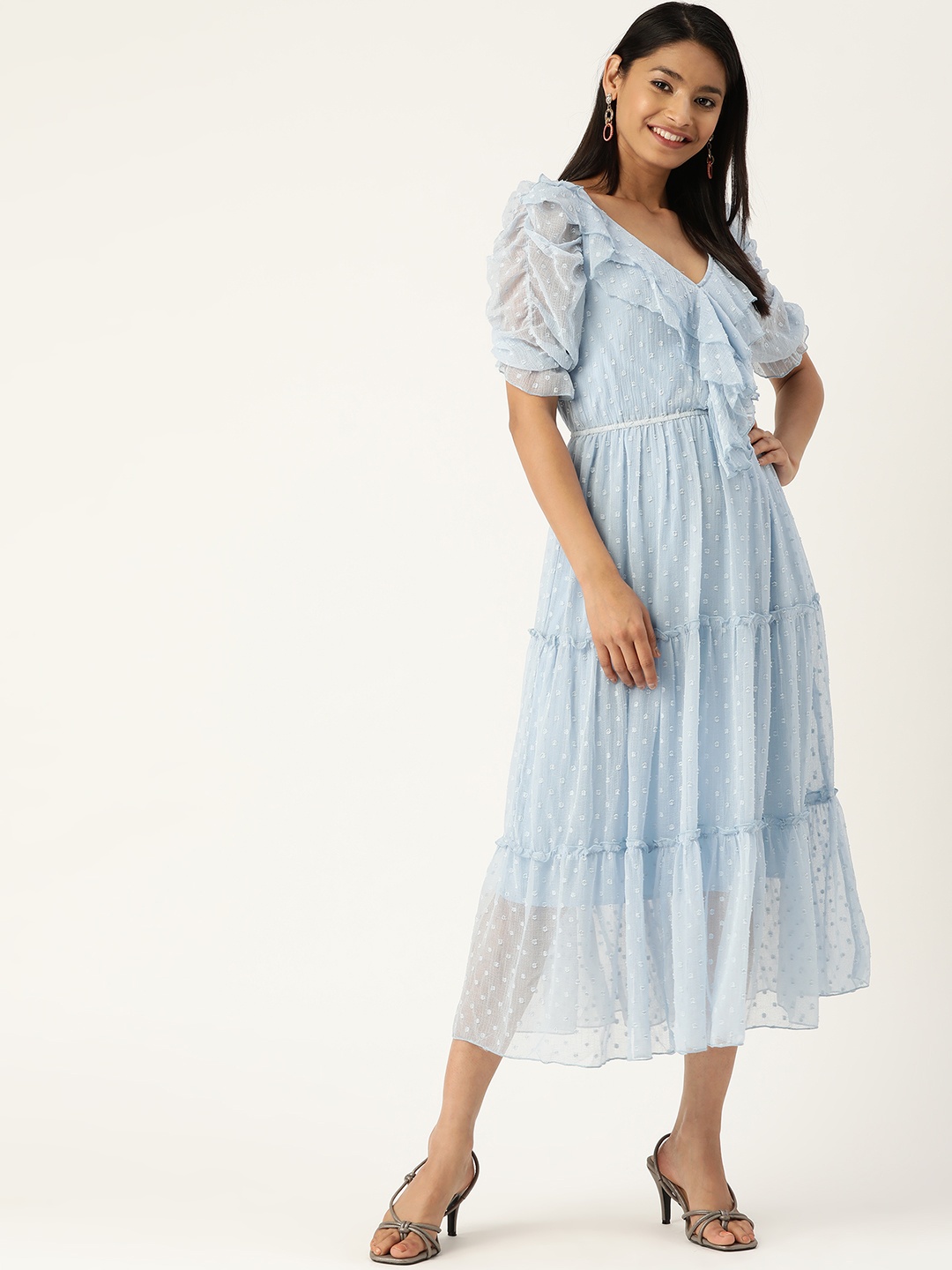 

Antheaa Blue Self Design A-Line Tiered Dress With Ruffles & Puff Sleeves