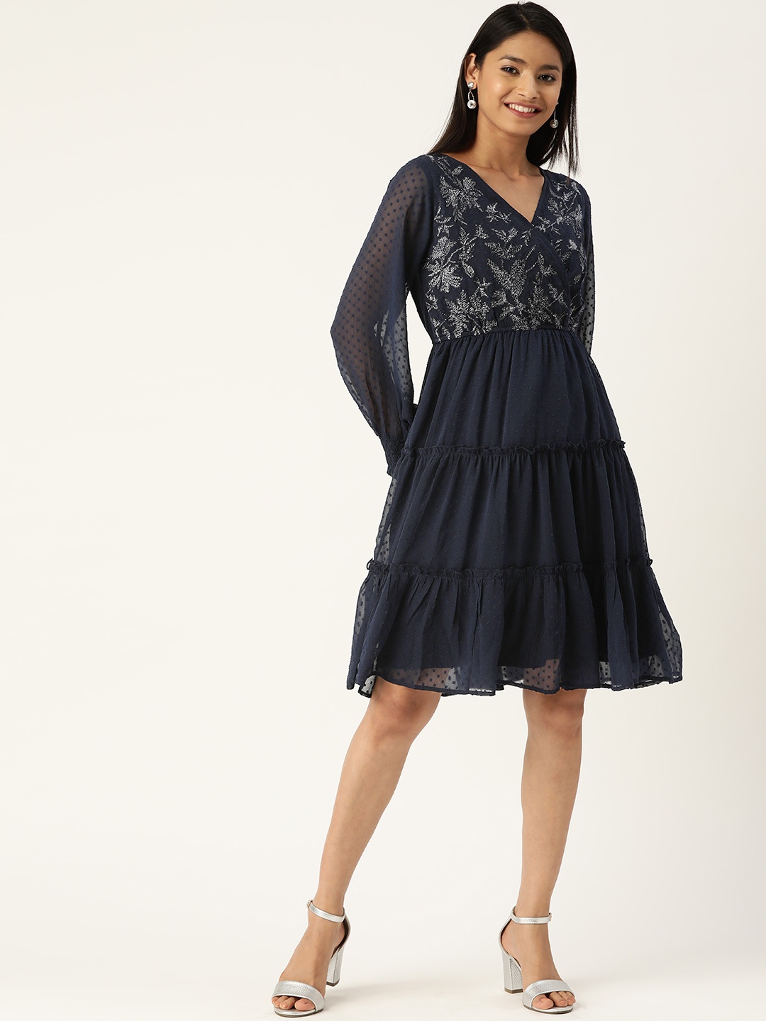 

Antheaa Women Navy Blue Embroidered A-Line Tiered Dress With Puff Sleeves