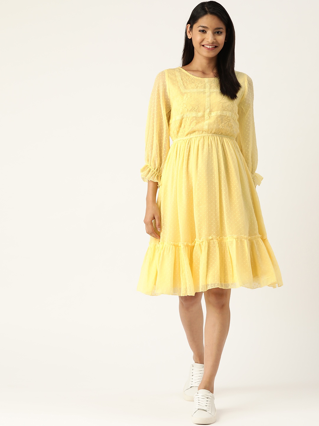 

Antheaa Women Yellow Dobby Weaved Fit & Flare Dress