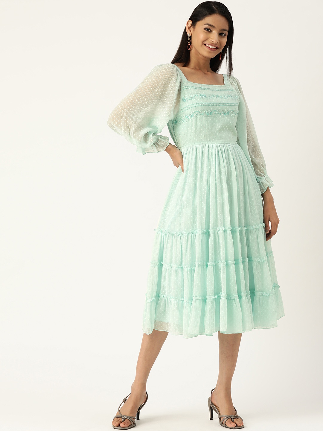 

Antheaa Women Green Self Design Dobby Weave Fit & Flare Dress