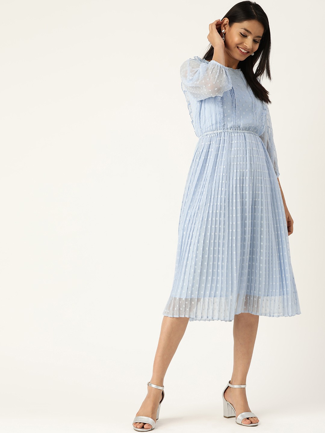 

Antheaa Women Blue Dobby Weaved Accodion Pleated A-Line Dress