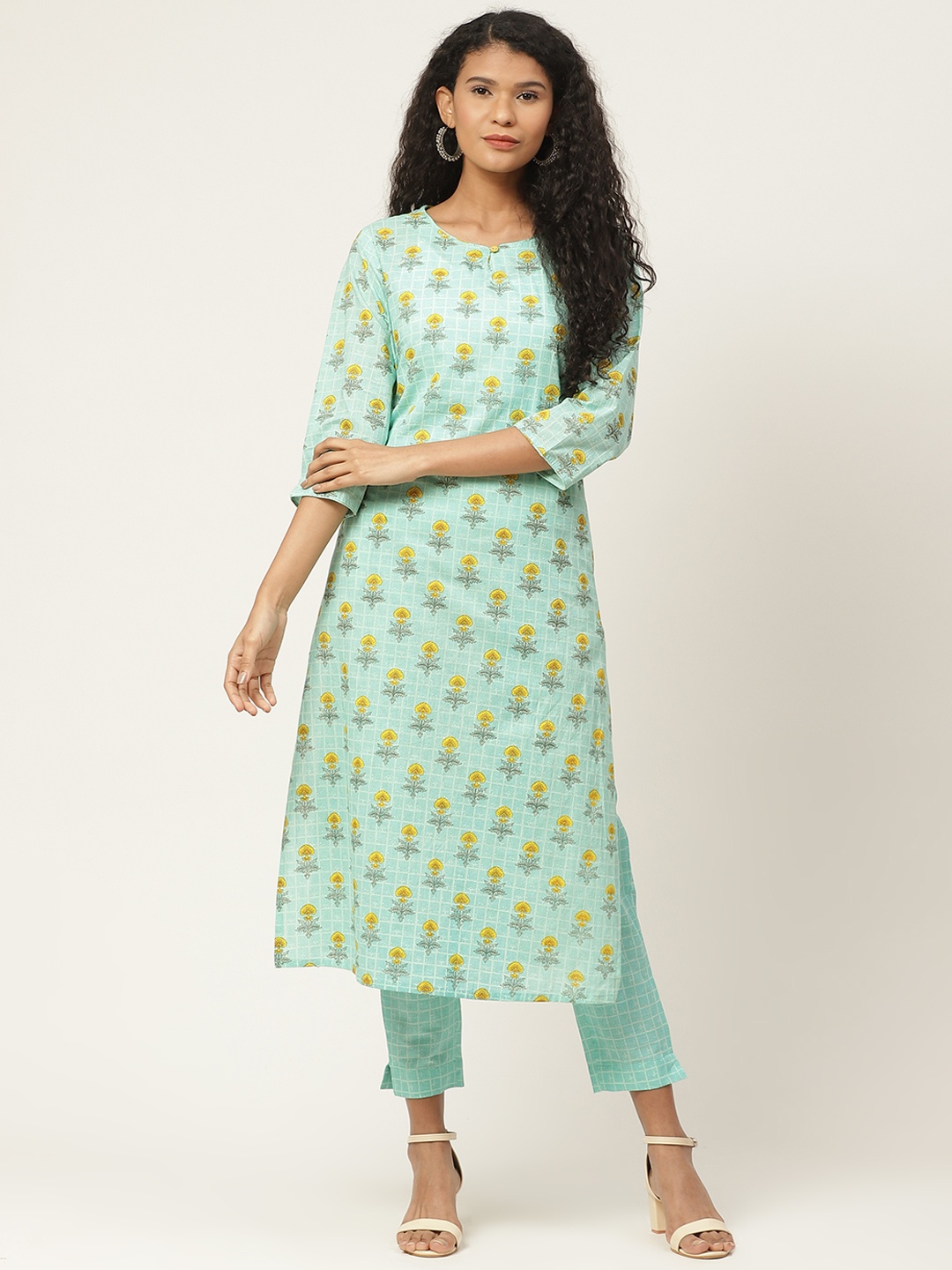

Sangria Women Blue & Mustard Yellow Ethnic Motifs Print Pure Cotton Kurta with Trousers