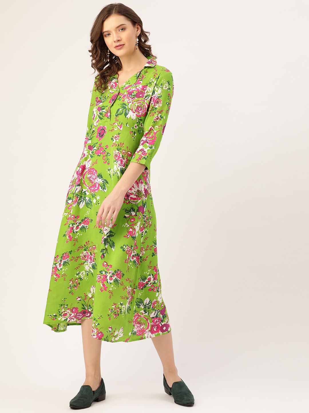 

Sangria Green & Pink Floral A-Line Midi Dress