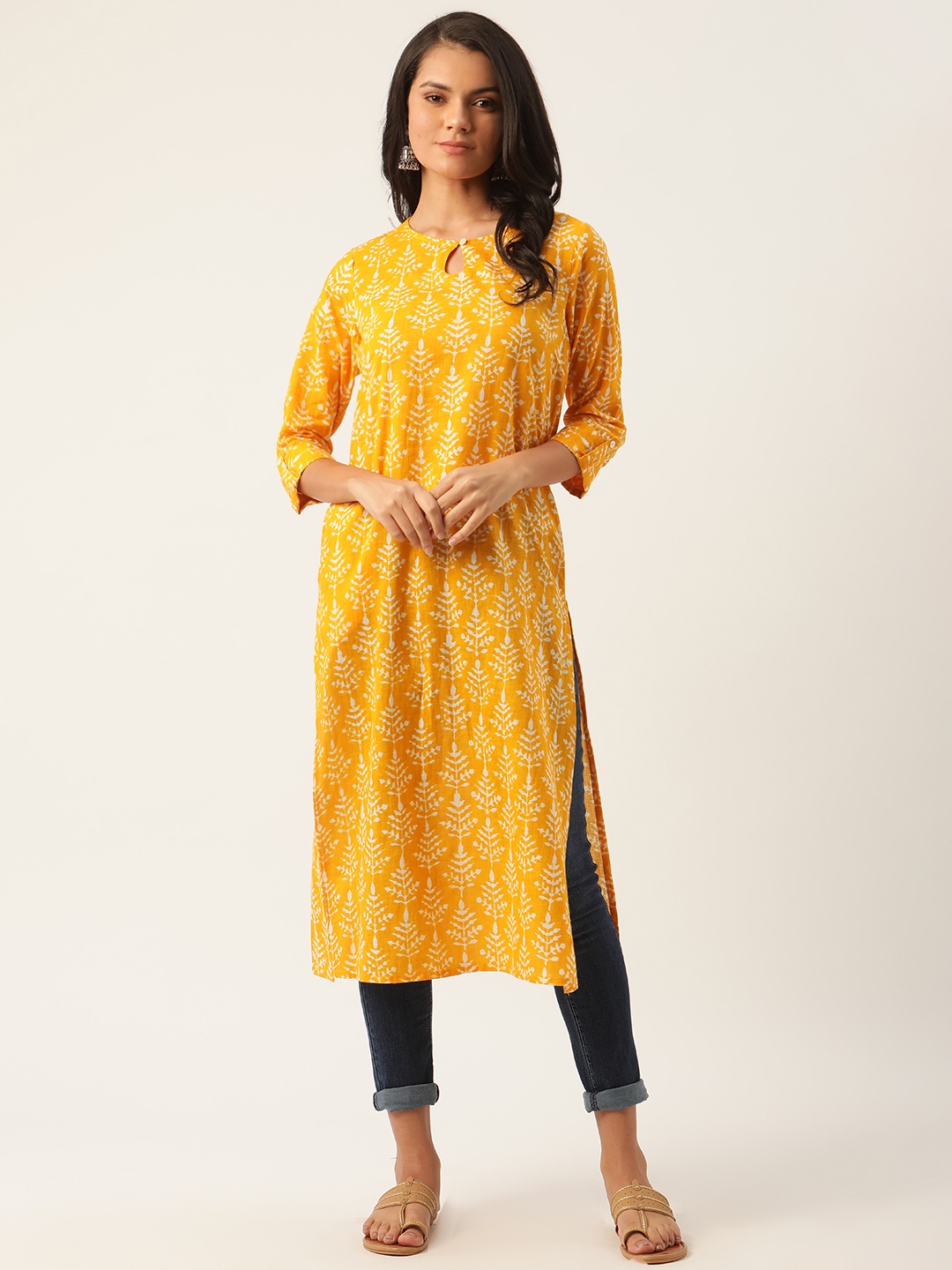 

Sangria Women Mustard Yellow & White Printed Pure Cotton Straight Kurta