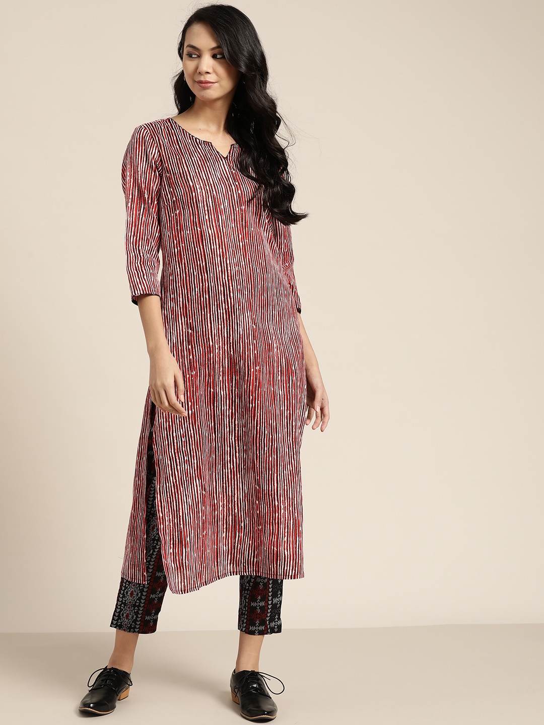 

Sangria Women Red & Black Striped Pure Cotton Kurta with Trousers